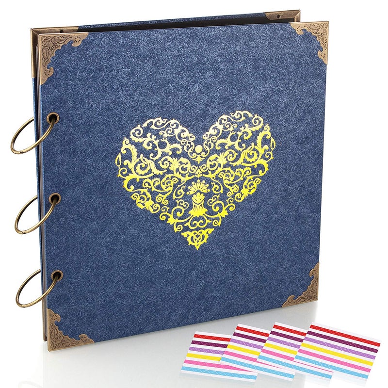 ADVcer Photo Album DIY Scrapbook (10x10 inch 50 Pages Double Sided) Vintage Hardcover Three-Ring Binder Picture Booth Albums with 6 Colors 408pcs Self Adhesive Photos Corners for Memory Keep (Blue) - Image 1